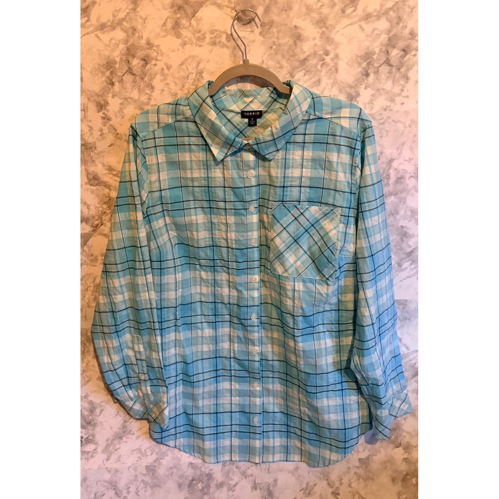 Torrid 2 Plus Size Blue White Plaid Long Sleeve Button Up Shirt Top 2x 18 20